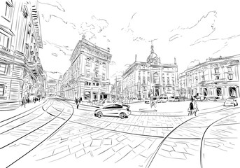 Milan. Italy. Street urban sketch. Hand drawn. Vector illustration.