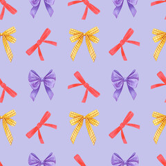 Watercolor seamless pattern bows. Decor knot satin ribbon. Festive decoration. Hand drawn illustration on blue background.
