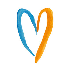 Watercolor illustration of hand painted blue and yellow heart. Isolated on white clip art element. Flag of Ukraine in shape of heart. Concept of patriotism, peace, freedom. Independence day poster