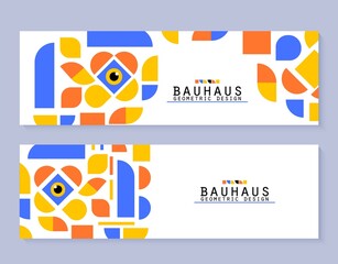 Bauhaus style flyers set. Abstract geometric 2d shapes with modern eye. Web template set with simple colorful forms. Retro art banners and grid pattern. Vector card illustration on white background