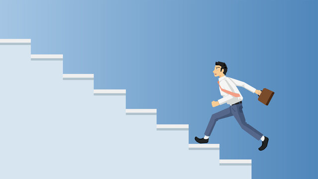 Businessman in casual suit running up stairs brown color. In the hand with brown bag. Vector illustration on soft white steps and gradual blue background.
