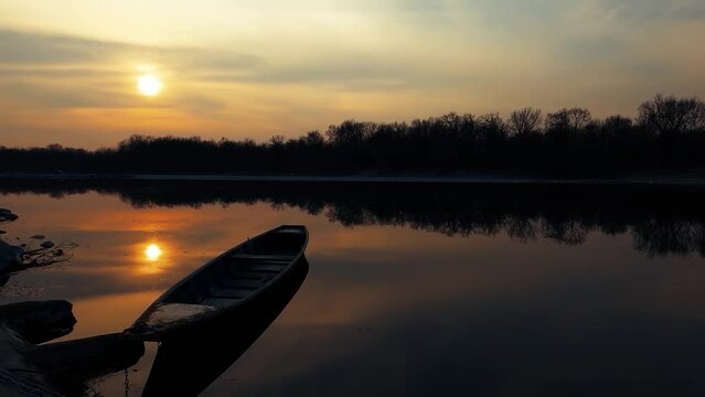 Spring Landscape at Sunset on the River.