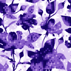 Pixilated graphic image of flowers.  Seamless pattern.