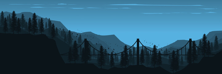 mountain with pine tree silhouette flat design vector banner template good for web banner, ads banner, tourism banner, wallpaper, background template, and adventure design backdrop