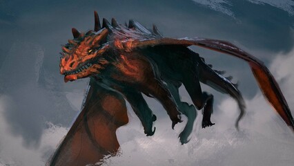 digital 3d illustration of a red dragon flying through the sky - fantasy painting