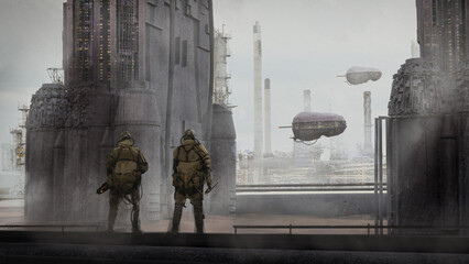 Digital 3d illustration of a pair of future soldiers surveying a science fiction landscape - fantasy painting © Dominick