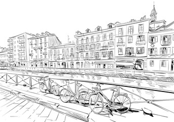Naviglio Grande. Milan. Italy. Hand drawn sketch. Vector illustration. - 491863117
