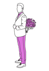 Man in a suit is holding a beautiful bouquet of flowers behind his back. Minimalism. Lin art and bright pink color. Vector graphic.