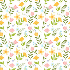 Seamless pattern with bright spring flowers in a simple cartoon style. Cute spring background for fabric, covers, wrapping paper.