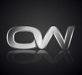 Modern Initial logo 2 letters Silver Metal Chrome simple in Dark Background with Shadow Reflection OW