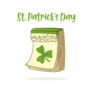 17 march. St. Patrick's Day. Lettering and calendar with clover. Cartoon. Vector illustration. Isolated on white background