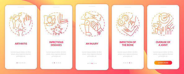 Common joint conditions red gradient onboarding mobile app screen. Walkthrough 5 steps graphic instructions pages with linear concepts. UI, UX, GUI template. Myriad Pro-Bold, Regular fonts used