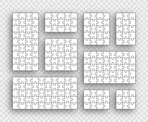 Puzzle pieces set. Jigsaw outline grid. Simple background with mosaic shapes. Scheme for thinking game. Cutting template with separate details. Frame tiles. Vector illustration. Abstract leisure toy.
