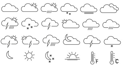 Set of weather web icons in line style. Weather , clouds, sunny day, moon, snowflakes, wind, sun day. Vector illustration.	
