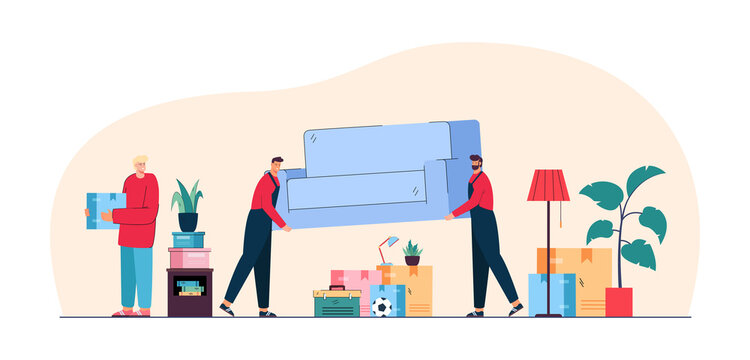 Cartoon workers carrying sofa into new home. Male character moving house, people delivering furniture flat vector illustration. Moving service, transportation concept for banner or landing web page