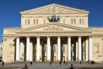Fototapeta na wymiar Moscow in March 2022. Bolshoi Theatre, historic theatre, designed by architect Joseph Bove, which holds performances of ballet and opera