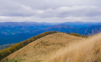 The Bieszczady peaks and valleys in autumn.
