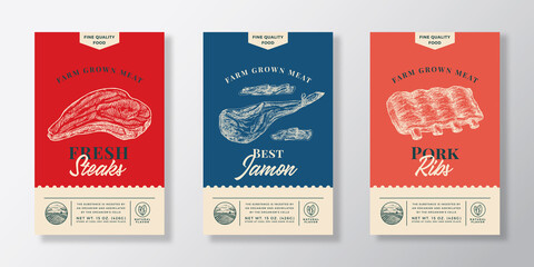 Meat Abstract Vector Packaging Labels Design Set. Modern Typography Banner, Hand Drawn Steak, Jamon leg and Ribs Sketch Silhouettes. Color Paper Background Layouts Collection. Isolated