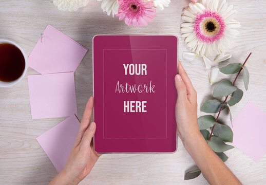 Tablet with Sticky Notes and Flowers Mockup