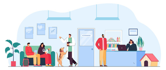 Fototapeta na wymiar Men and women with pets waiting in queue at vet clinic. Owners of cats and dogs, veterinarian room, animal flat vector illustration. Veterinary concept for banner, website design or landing web page