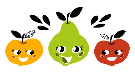 Funny cartoon characters apples and pears. Kawaii fruits in a flat style. Modern design, bright colors, joyful emotions.