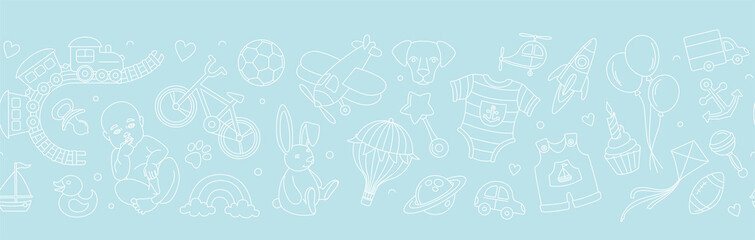 Newborn boy baby shower seamless doodle line pattern birthday party.