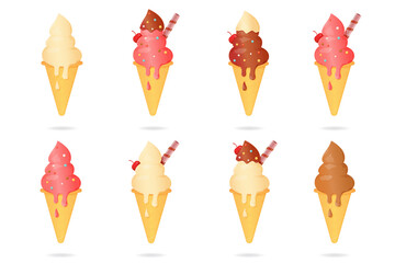 A set of illustrations of ice cream in a waffle cup with different flavors and additives. Ice cream, slightly melted, drips onto a waffle cup. Stock vector illustration. Isolated white background.