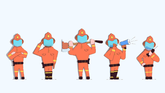 Set of illustrations of cartoon firefighters in different poses.Concept of fire department,fire safety.Fire brigade.Stock vector illustration.Isolated white background.