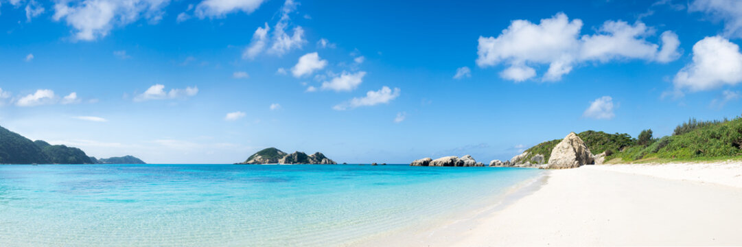 Panoramic view of Aharen Beach on Tokashiki Island, Okinawa, Japan