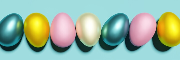3d render of pink yellow and blue easter egg banner on a turquoise background