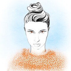An angry girl with a bun and a sweater with a leopard pattern. - 491867147