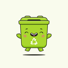 Recycle bin mascot. Cute kawaii cartoon character, green recycle bin joyful jumping vector illustration