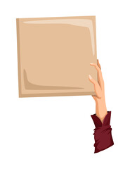 Hand holding empty placard with place for text. Person hand holding blank banner or card. Isolated vector illustration can be used for competition, news, tournament or contest