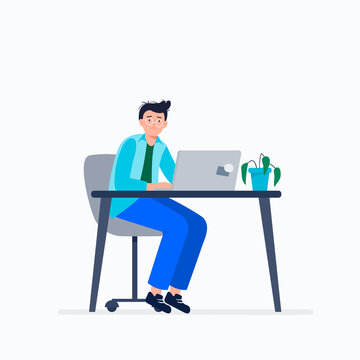 Exhausted man sitting at his workplace with a computer in the office. Emotional burnout. Long working day in the office. Mental health problem. Vector flat illustration.