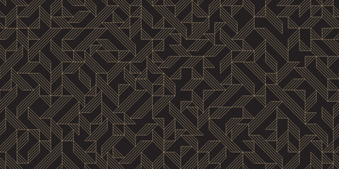 Art deco geometric background with triangles, seamless pattern. Black and gold lines, editable strokes. Vector illustration, EPS 10