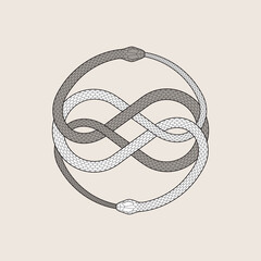 Ouroboros symbol. Two entwined snakes, serpent eating its own tale. Detailed vector illustration, EPS 10 - 491868193