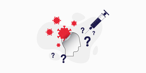 Get vaccinated question. Vector illustration of human head, coronavirus, syringe and question mark.