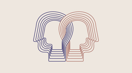 Two intertwined human heads. Collaboration people. Concept of interpersonal relationships, empathy, understanding. Line design, editable strokes. Vector illustration. - 491868393
