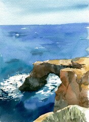 Watercolor landscape with rock and sea. Cyprus. - 491868505