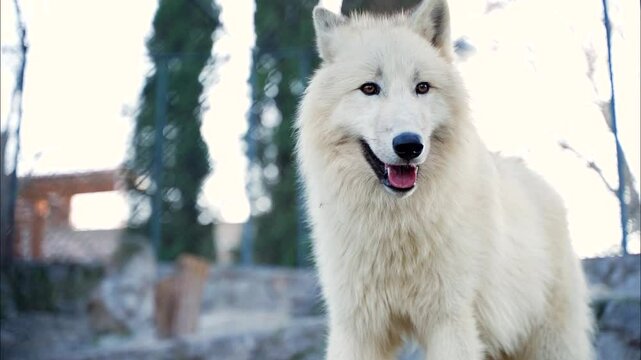 2 a white wolf with beautiful white long hair stands and lurks