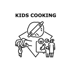 Kids Cooking Vector Icon Concept. Kids Cooking Dish With Mother, Crashing Egg And Rolling Dough With Wooden Pin Kitchen Utensil. Children Education For Prepare Food Meal Black Illustration