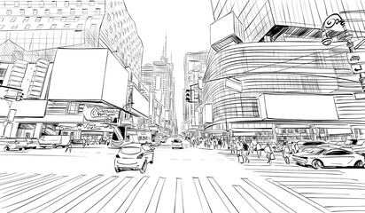 Times square. New York. USA. Hand drawn city sketch. Vector illustration.