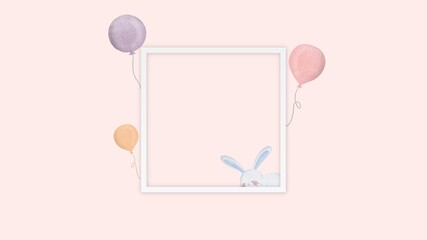 Pastel Easter top view frame with balloons and little sleepy bunny