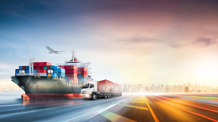 Logistics import export of containers cargo freight ship, truck transport with red container on...