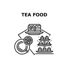 Tea Food Dessert Vector Icon Concept. Hot Morning Drink, Cakes And Pancakes With Jam, Tea Food Dessert. Cafeteria Delicious And Aromatic Beverage And Sweet Nutrition Black Illustration