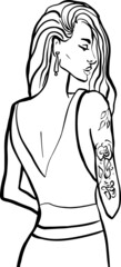 Long haired girl with a flower tattoo on her shoulder. Vector sketch illustration.