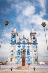 Portuguese church in Cortegaça with facade decorated with blue tiles