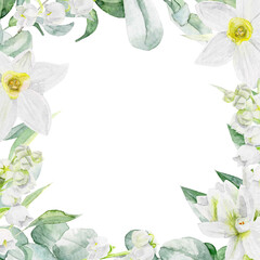 Watercolor border with eucalyptus and daffodil flowers