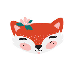 Face (muzzle) cute funny fox. Vector flat illustration. Сartoon character. Print for children. Isolated. 