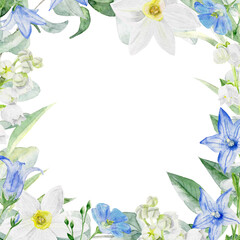 Watercolor border with eucalyptus, bluebell and daffodil flowers